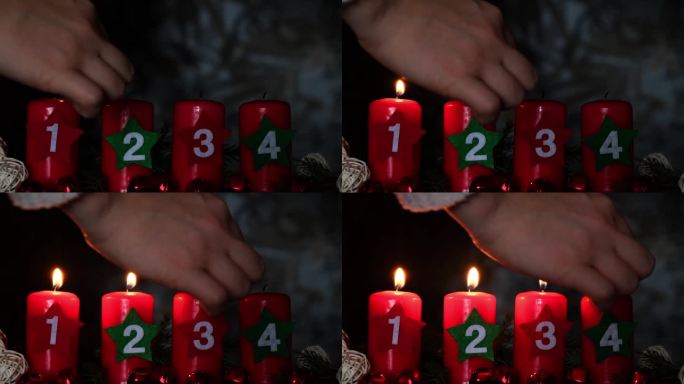 四根燃烧的红色圣诞蜡烛，上面有数字，周围是松枝和零浪费的圣诞装饰，昏暗的房间里充满节日气氛。节日准备