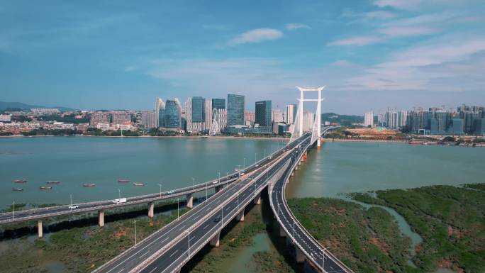 晋江沿海生态航拍晋江大桥东海泰禾广场