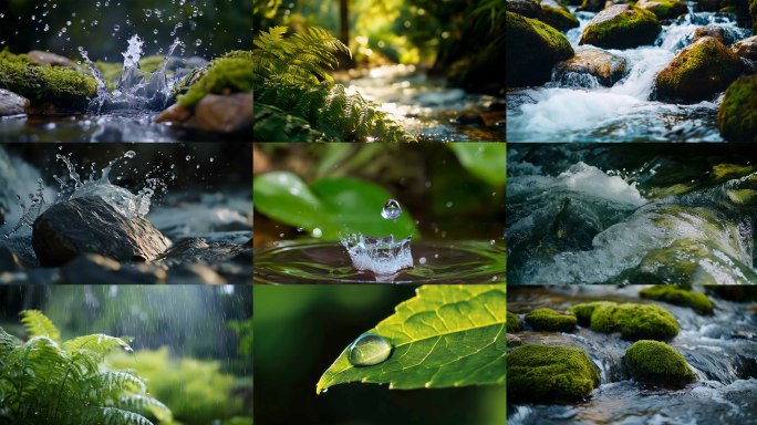 纯净水青苔山泉水流水风景水源森林大自然