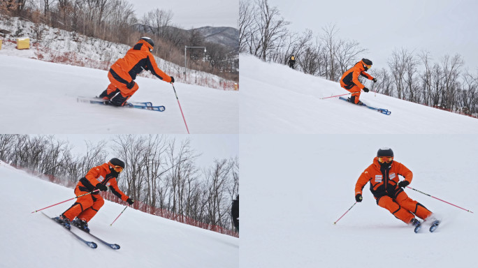 高端高山滑雪双板滑雪竞技跟拍慢镜头