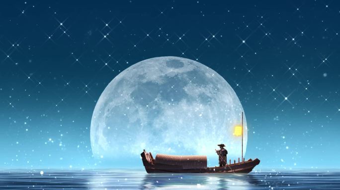 渔船 月亮 唯美 海面 星空