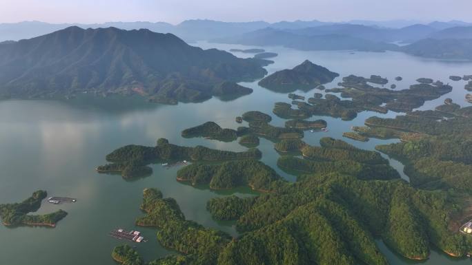 浙江杭州淳安千岛湖日出航拍