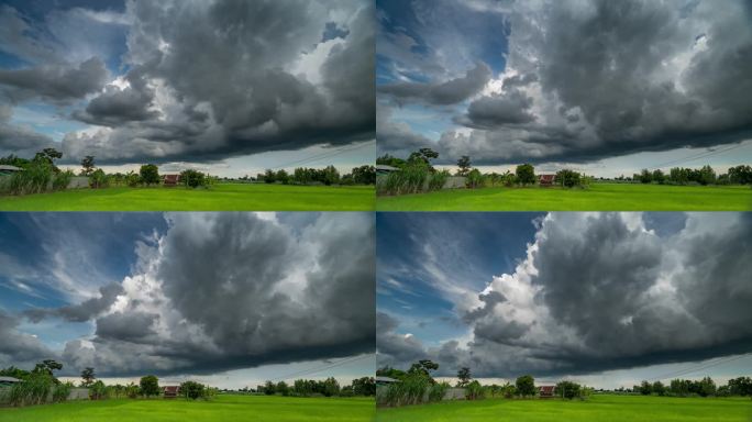 一朵戏剧性的黑暗暴风云逼近一片郁郁葱葱的绿色田野，形成自然的宁静与愤怒之间的对比。