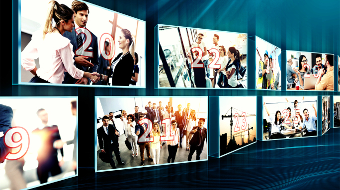 蓝色多图包装企业三维立体照片墙排列轮播