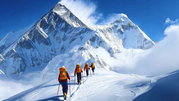 登山团队登山精神勇攀高峰珠峰登顶爬雪山