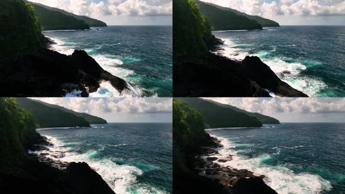 萨摩亚热带岛屿海岸线和悬崖的鸟瞰图。