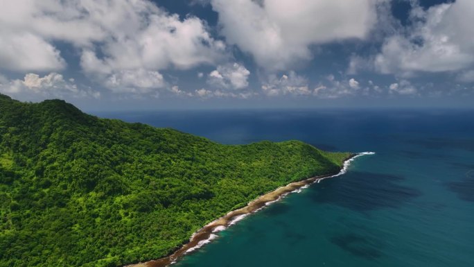萨摩亚热带岛屿的鸟瞰图，拥有沙滩和森林。