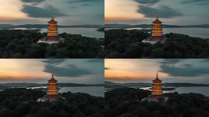 西湖雷峰塔夜景航拍延时