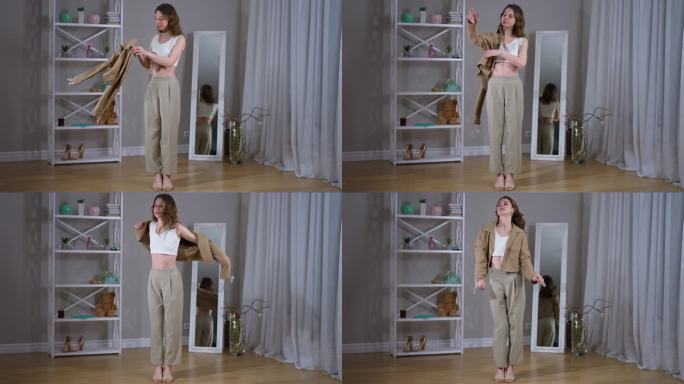 一位休闲时尚模特在美丽的现代居住空间中优雅地摆姿势。