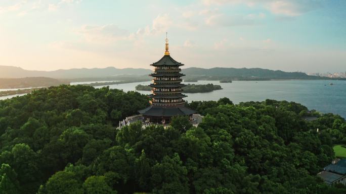 航拍西湖雷峰塔
