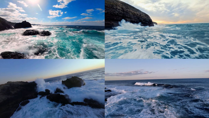 海浪翻滚海岸fpv航拍海浪拍打礁石大海洋