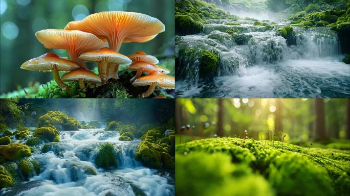 森林大自然风光山间小溪水瀑布清晨阳光ai