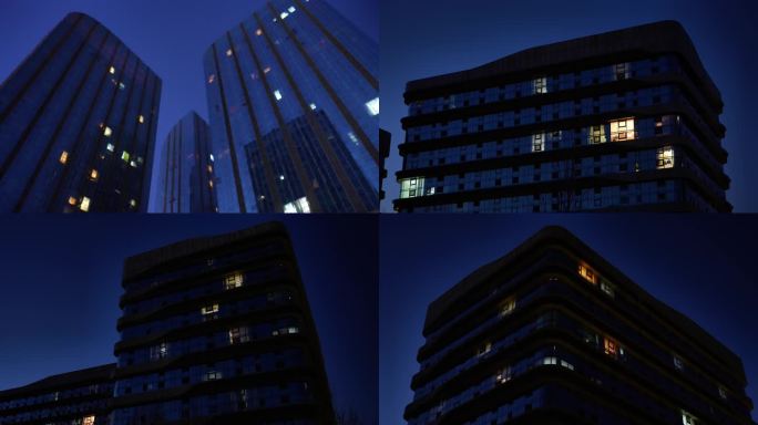 夜晚还在亮灯的商务楼，城市氛围感4K