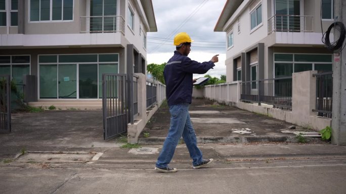 年轻男性专业工程师正在检查一个住宅项目，手持平板电脑，注视着一栋建筑，佩戴安全帽。4K视频，慢动作。