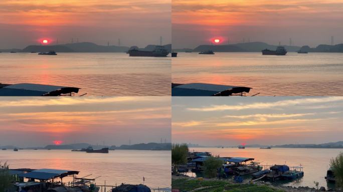 江边渔村唯美日出，货轮江上行走