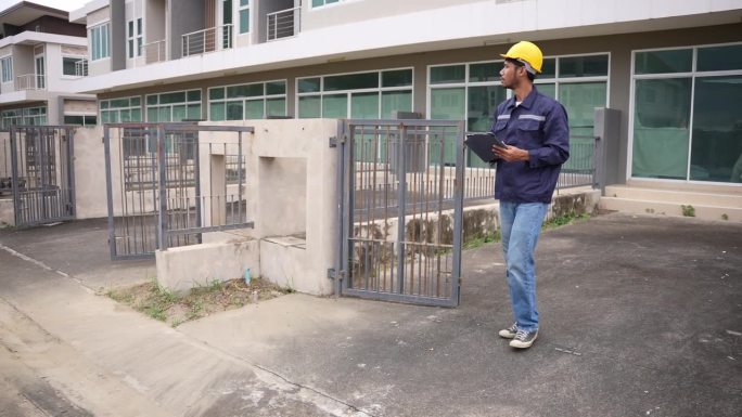 年轻男性专业工程师正在检查一个住宅项目，手持平板电脑，注视着一栋建筑，佩戴安全帽。4K视频，慢动作。