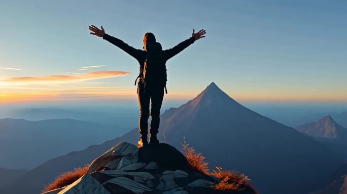 人物登山攀登登顶团队人物胜利欢呼站在巅峰