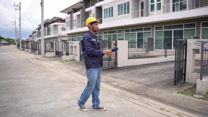 年轻男性专业工程师正在检查一个住宅项目，手持平板电脑，注视着一栋建筑，佩戴安全帽。4K视频，慢动作。