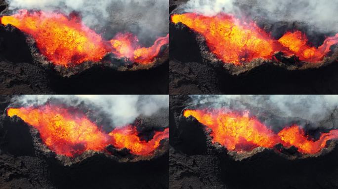 火山喷发，流动的红热熔岩从火山口喷出，令人惊叹的自然现象，冰岛壮观的戏剧性风景。