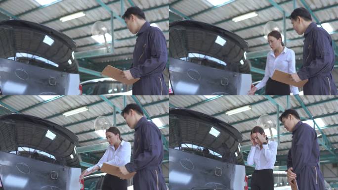 一名男机械师和一名女顾客正在讨论她的车辆维修情况。