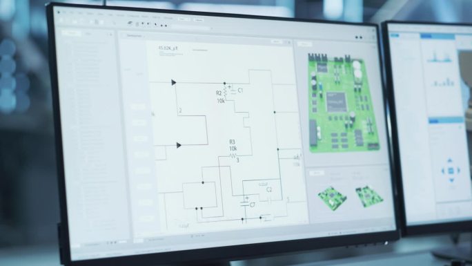 计算机显示器特写，显示3D CAD软件界面，正在设计电路主板的数字电子图。现代工厂工程师办公室概念。