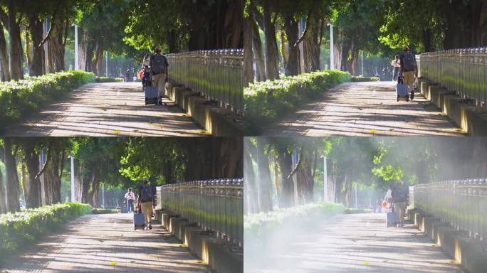 男子拖着行李箱走在路上