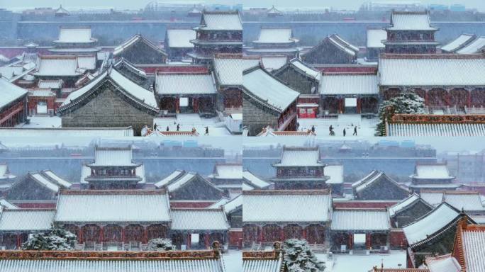 故宫红墙古代宫殿大雪暴雪初雪航拍全景平移