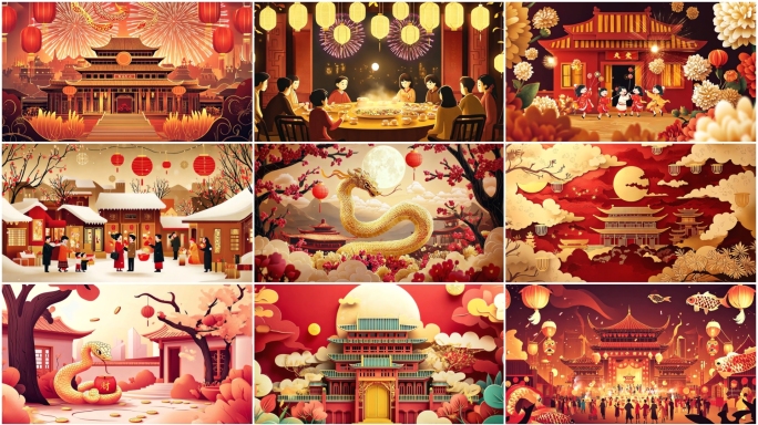 中国春节剪纸喜庆动画背景蛇年动画背景