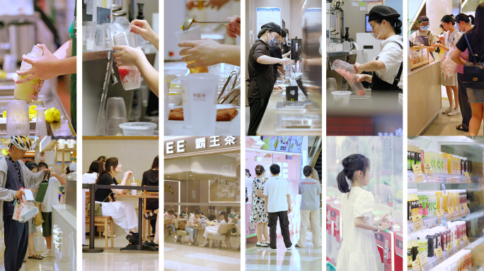 竖屏实拍奶茶制作 喝奶茶 逛街的年轻人