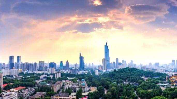 南京天际线_夕阳余晖_金光普照_彩云飘动