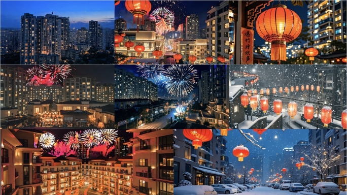 4K 新年万家灯火过年团圆红灯笼烟花合集