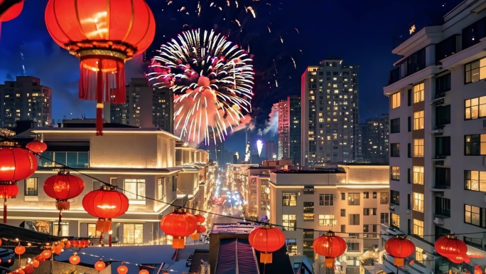 4K 新年万家灯火过年团圆红灯笼烟花合集