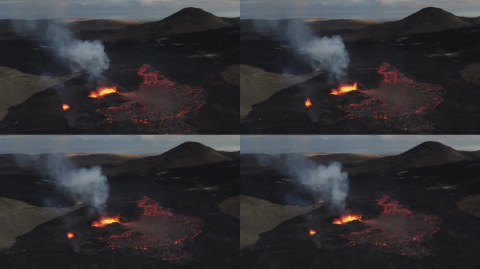 无人机视频向后移动，同时观察冰岛的火山喷发