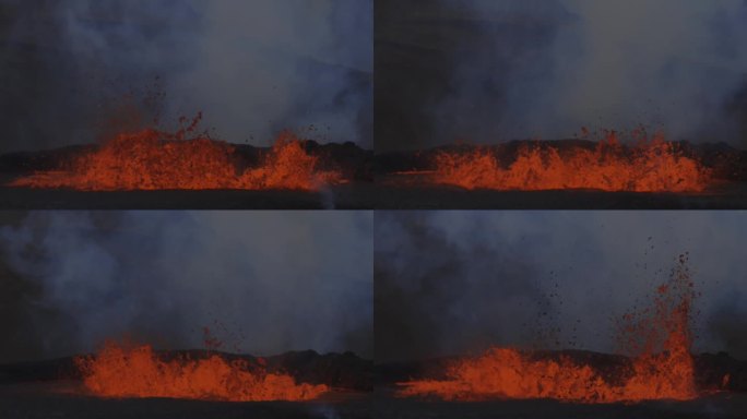 宽镜头显示熔岩从火山裂缝中喷发，冰岛