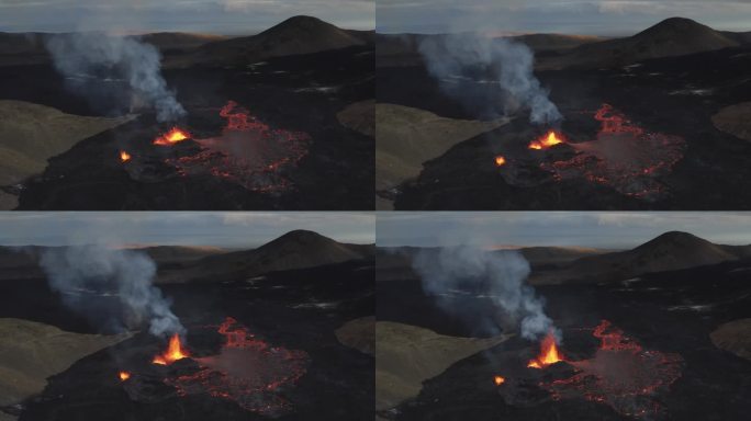 无人机视频向上移动，同时显示了冰岛的火山场景