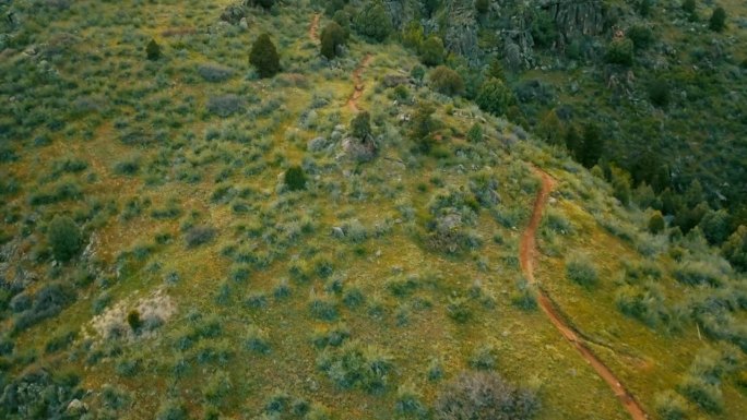 航拍的男子骑山地车在陡峭的道路上，无人机向后飞过景观-白色牧场公园，科罗拉多州