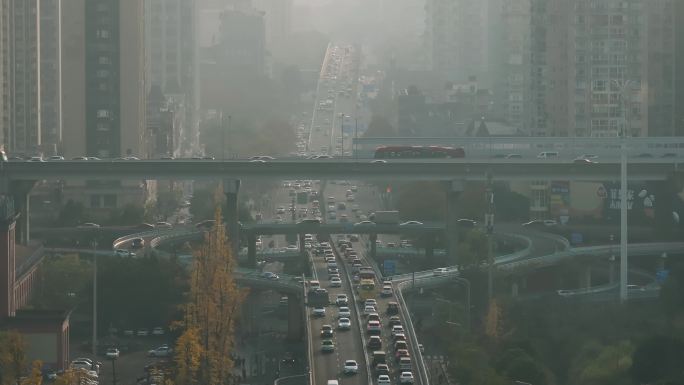 航拍成都冬日城市雾霾空气污染汽车密集交通