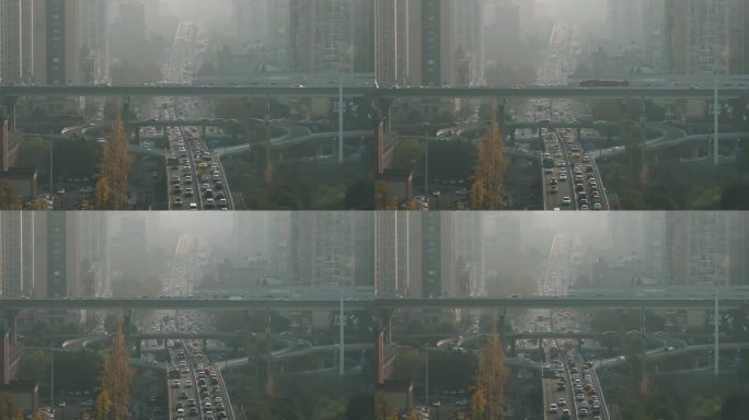 航拍成都冬日城市雾霾空气污染汽车密集交通