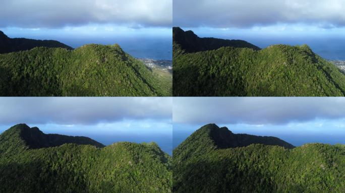 云天下海上青山的空中平移风景-奥兰杰斯塔德，圣尤斯特歇斯