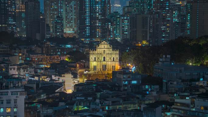 澳门大三巴中景夜景固定延时