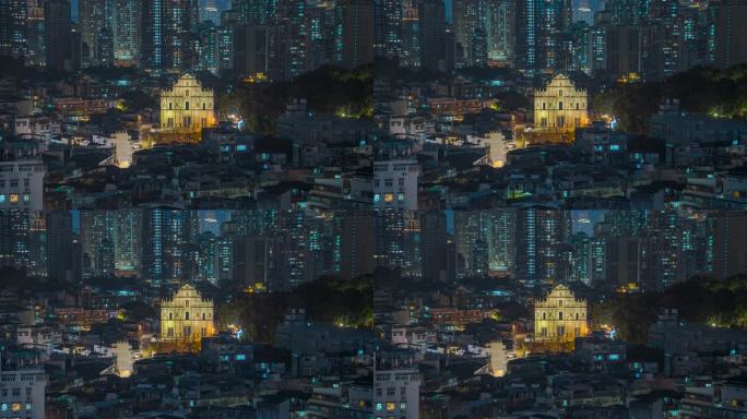 澳门大三巴中景夜景固定延时