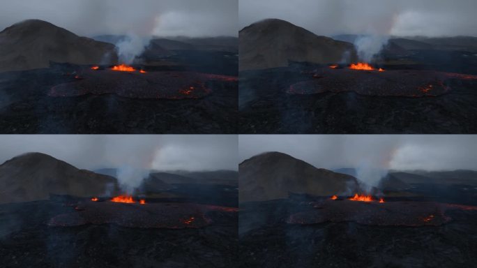 在拍摄冰岛活火山时，航拍向下移动