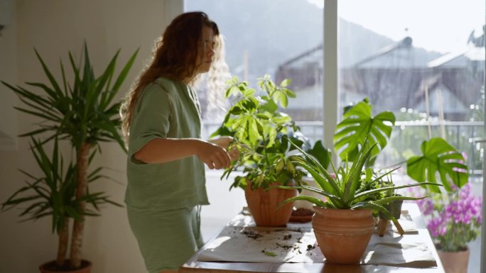 照料鲜花的妇女。女人在享受种植。