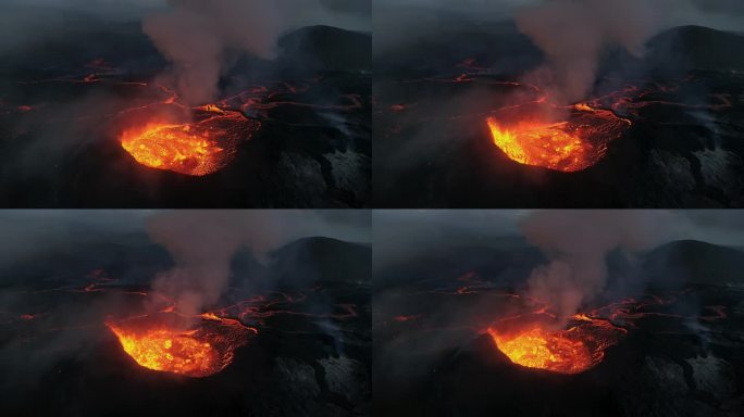 从冰岛雷克雅内半岛的后边缘拍摄的法格拉达尔斯火山火山口喷发的熔岩