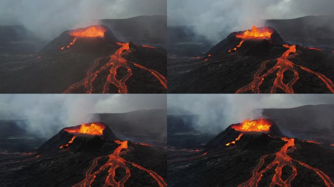 无人机拍摄的冰岛雷克雅斯半岛法格拉达斯火山内部沸腾的岩浆