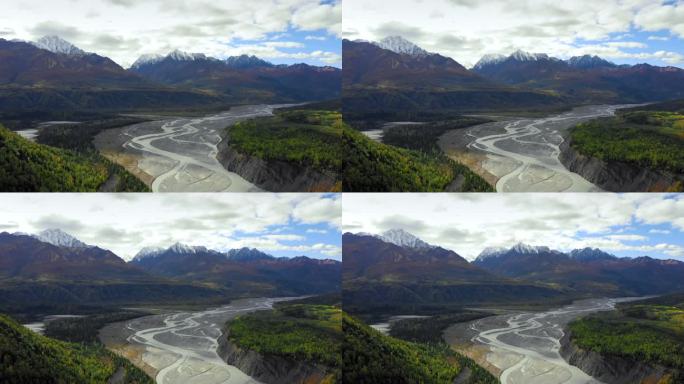 空中攀登:沙地，树满山谷，雪峰山脉在远处- Chugach国家森林，阿拉斯加