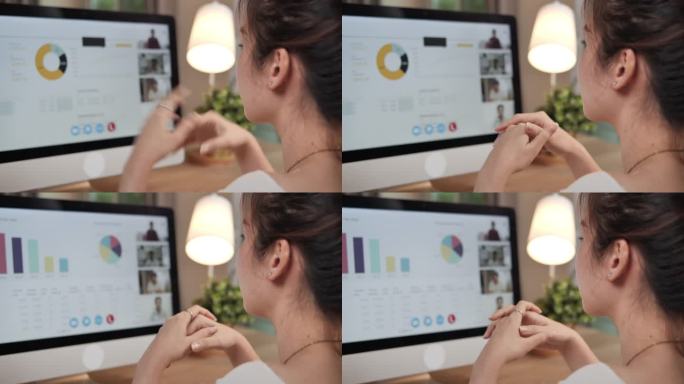 女商人在视频会议中谈论销售报告的后视镜。亚洲团队使用笔记本电脑和平板电脑进行在线视频会议。在家工作、