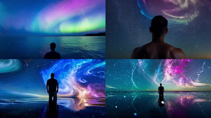 一个男人在水里眺望星空