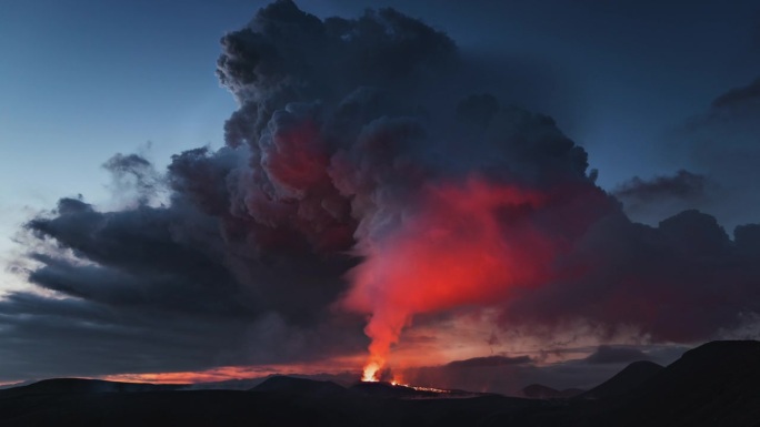 冰岛雷克雅那半岛的法格拉达斯火山，落日时的火山灰升向天空