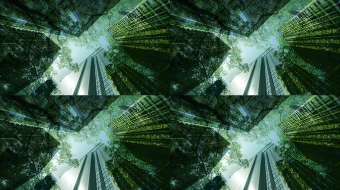 城市景观混合着绿色植物，形象多层次